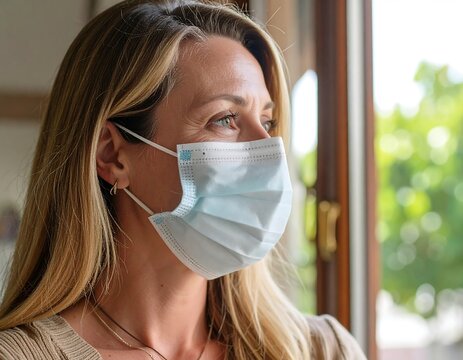 Woman wearing a face mask looking out a window - Powered by Adobe
