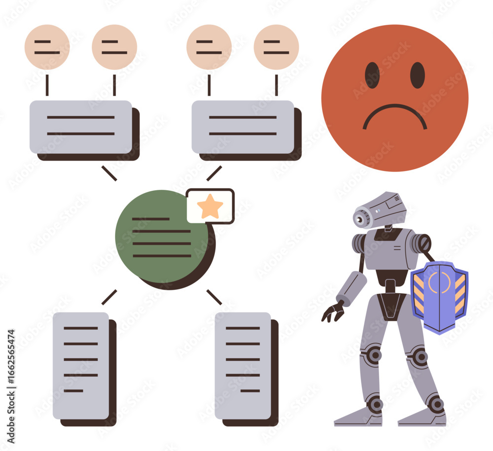 Poster robot with shield protecting data hierarchy, sad red face signaling issues in workflow, connected no