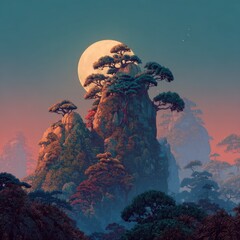 Misty mountain peak with trees and full moon