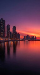 Fototapeta premium Sunrise over a city reflecting in calm water