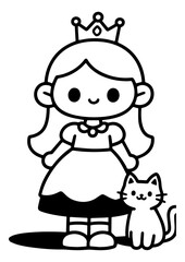 Kawaii Princess and Cat Line Art