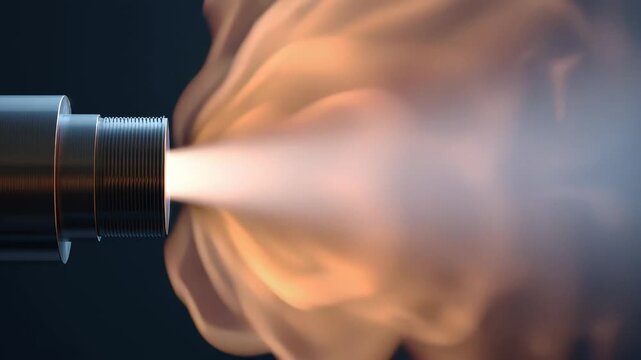 Fuel injector spraying mist into cylinder with glowing combustion flame and flame burning nozzle closeup showing engine fuel spray process