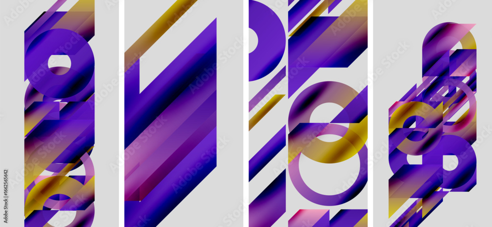 Poster abstract geometric patterns dominate image. purple, gold hues create dynamic visual effect. panels o