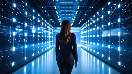 Woman in Data Center Tech Specialist Inspecting Server Racks with Digital Future. - Powered by Adobe