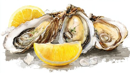Watercolor image of fresh oysters with lemon, served on ice