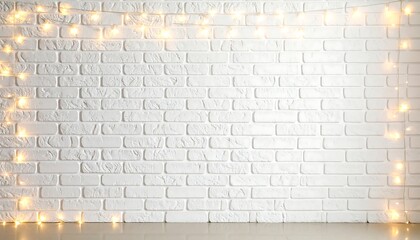 Warm, glowing string lights on a white brick wall