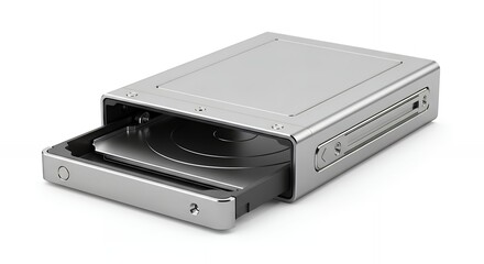 Silver External Optical Drive with Open Disc Tray on White Background