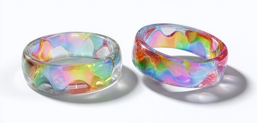 Two colorful, translucent rings with swirling rainbow patterns