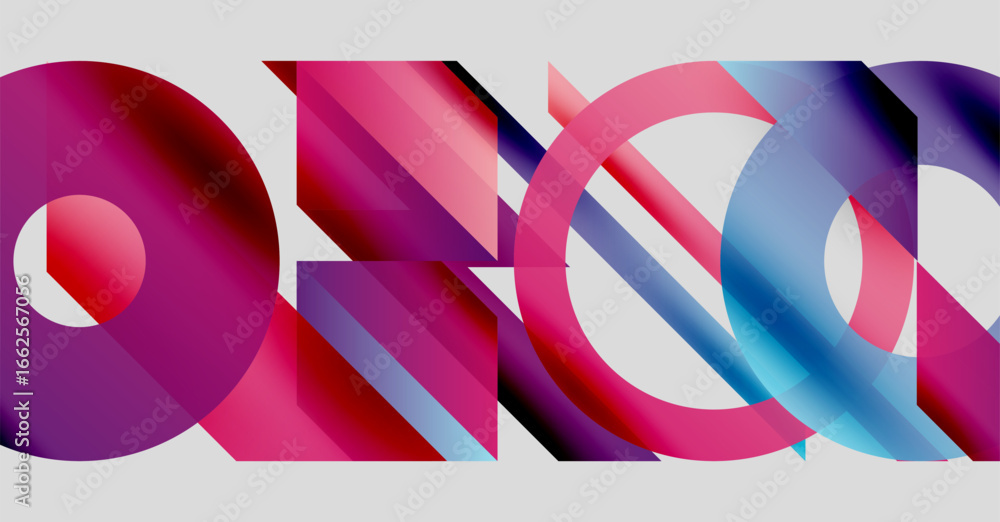 Poster abstract composition featuring overlapping colorful shapes. gradient hues create dynamic visual effe
