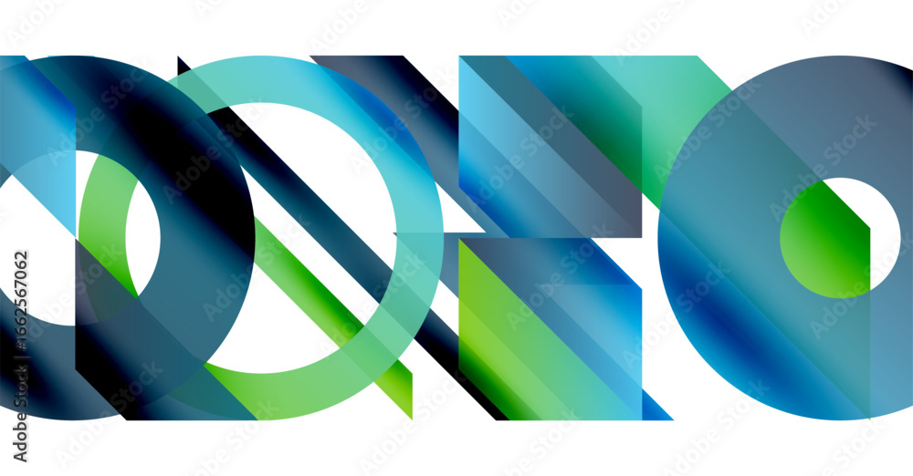 Poster abstract geometric shapes overlap, creating dynamic visual composition. blues, greens dominate desig