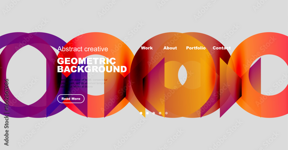 Poster colorful geometric shapes form abstract background. website navigation includes work, about, portfol