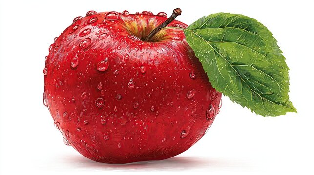 Glossy, red apple with a green leaf and dewdrops, isolated on a white background