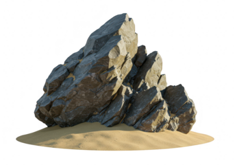 Large jagged grey rock formation with sand at the base, isolated on transparent background