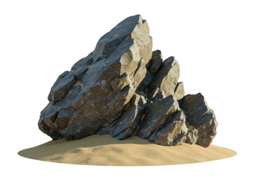 Large jagged grey rock formation with sand at the base, isolated on transparent background