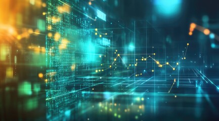 Futuristic digital interface with glowing code and graphs