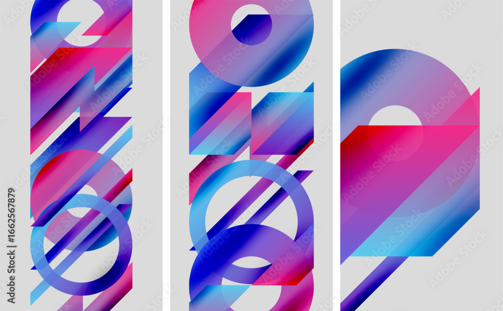 Poster abstract digital art. vibrant colors blend, creating geometric shapes. three panels display layered 