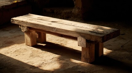 Naklejka premium Rustic wooden bench bathed in sunlight