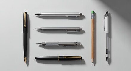 Assortment of professional writing instruments, including fountain pens, ballpoint pens, and pencils, on a clean grey background in a minimalist flat lay.