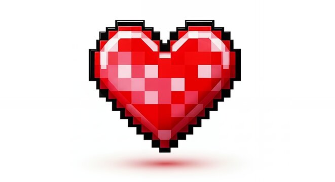 Pixelated Red Heart Icon in 8-bit Gaming Style on White Background