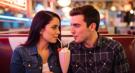 Romantic Couple Sharing Milkshake in Retro Diner