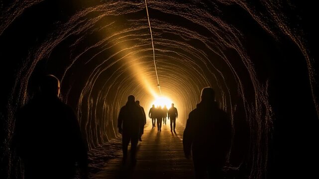 Silhouetted figures walk through a dark tunnel towards a bright light at the end.