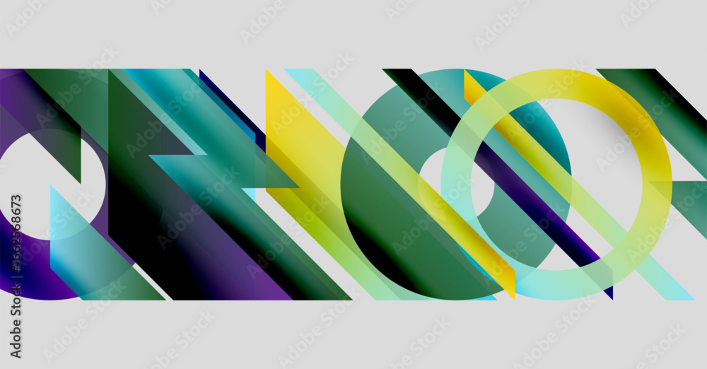 Poster abstract composition. overlapping shapes create dynamic visual effect. colors blend, forming modern 