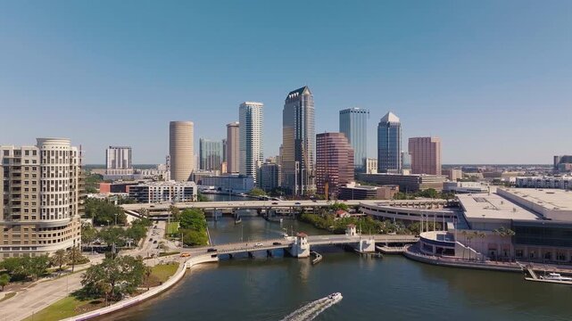 Downtown Tampa, Florida: Aerial Views of River and Bridges in Daylight