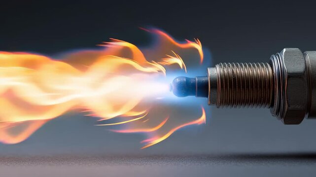 Spark plug firing with bright blue and orange flame close up macro view showing ignition process metal parts and fire combustion in engine technology