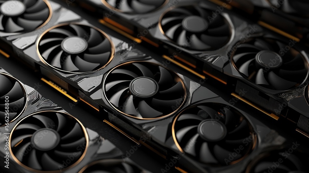 Fototapete multiple computer graphics cards symmetrically placed on a smooth black gradient background, realist