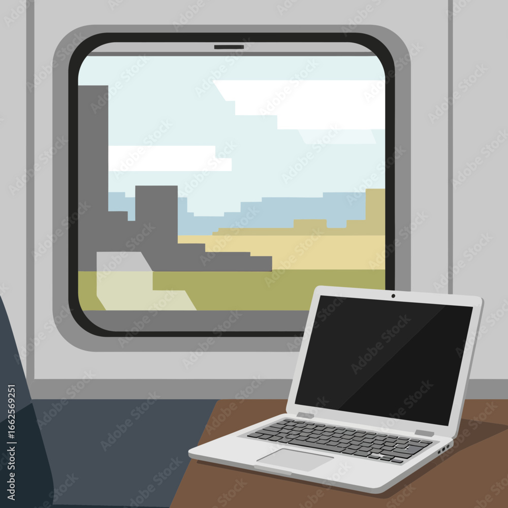 Poster Laptop on a table by a train window with passing landscape.