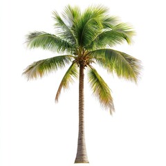 Isolated coconut palm tree against white background. Lush green fronds crown a tall, slender trunk