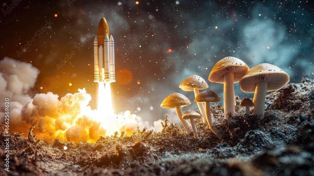 Canvas Prints a rocket launch with mushrooms in the foreground.