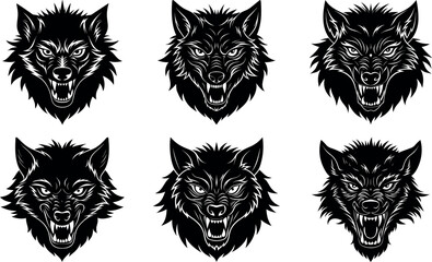 Collection of Six Aggressive Wolf Heads in Black and White Engraving Style