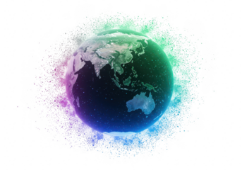 The earth globe with a colorful explosion of particles on a transparent background, symbolizing global connection and energy