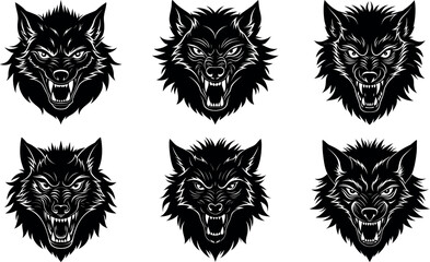 Six Aggressive Wolf Heads in Black and White Vector Illustration