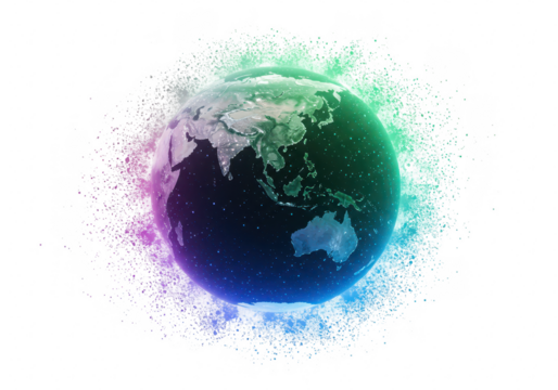 The earth globe with a colorful explosion of particles on a transparent background, symbolizing global connection and energy - Powered by Adobe