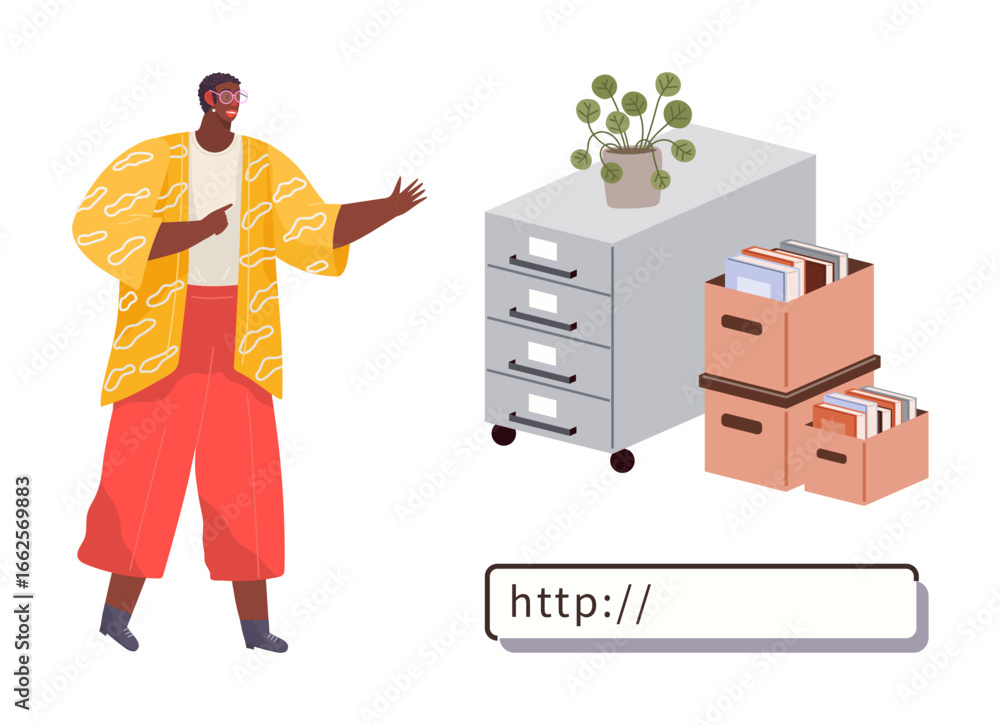Poster Individual interacting with files, filing cabinet, and document boxes in front of a URL bar. Ideal for workflow management, online data storage, digital filing, office organization, archival, hybrid