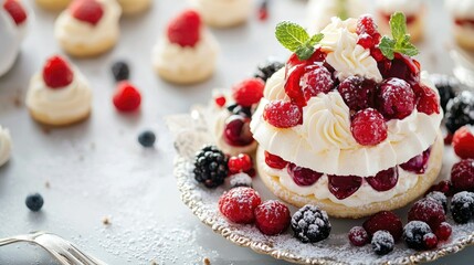 A plate of mini desserts with whipped cream and berries.