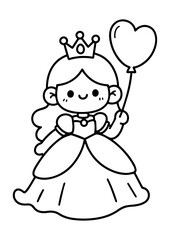 Kawaii Princess Holding Balloon Line Art