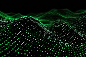 Abstract digital landscape of shimmering green dots on a black background