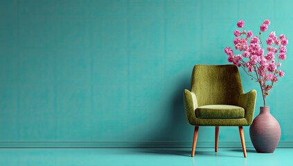 Teal room with olive green armchair and pink blossoms
