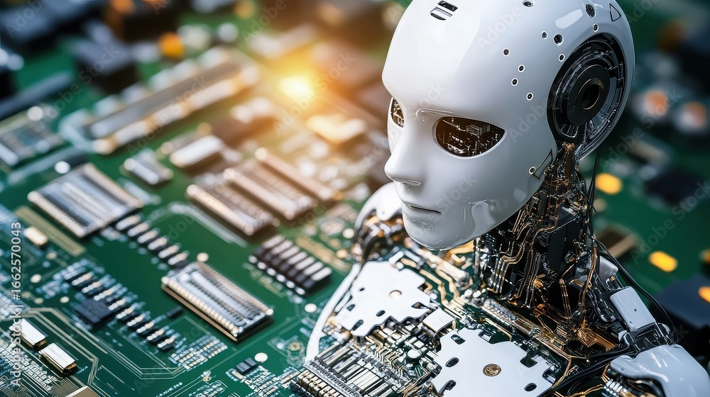 Aufkleber futuristic robot on a circuit board for ai technology concept