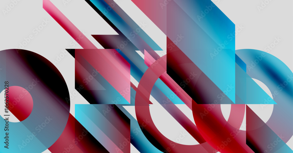 Poster abstract composition. geometric shapes overlap, creating dynamic visual effect. red, blue gradients 