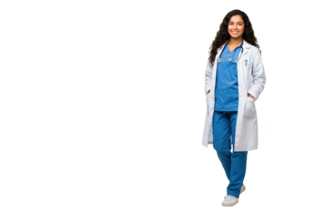 Smiling female doctor wearing scrubs and a white lab coat, isolated on transparent background