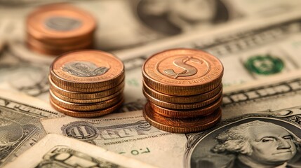 Stacks of coins with dollar sign and a portrait on top of dollar bills in a close up financial shot
