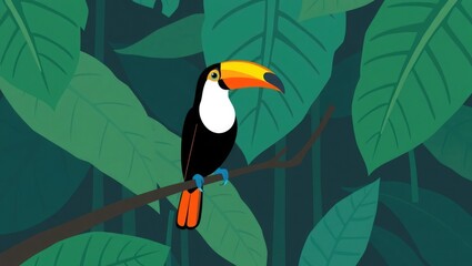 Fototapeta premium A colorful toucan perched on a tree branch amidst lush green foliage, a vibrant illustration.
