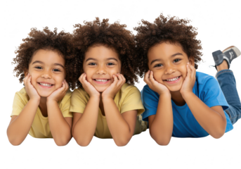 Three happy children with curly hair, smiling and resting their heads on their hands, isolated on a transparent background