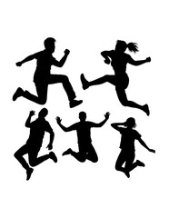 Male and female jumping action sport training silhouette