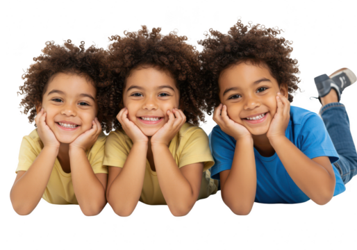 Three happy children with curly hair, smiling and resting their heads on their hands, isolated on a transparent background