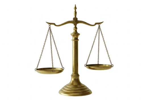 Golden antique justice scales, isolated on transparent background
